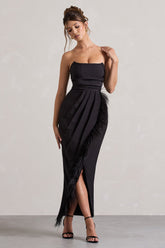Black Bandeau Wrap Maxi Dress With Feather Trim